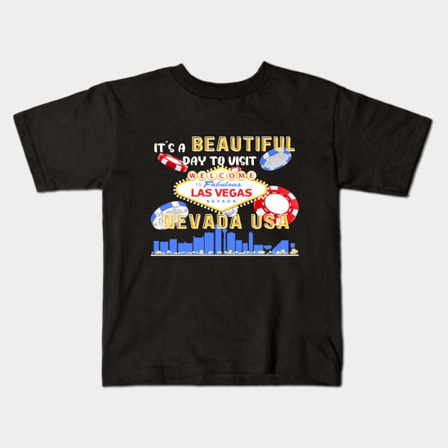 Travel to beautiful Las Vegas in Nevada. Bright text. Gift ideas for the travel enthusiast available on t-shirts, stickers, mugs, and phone cases, among other things. Kids T-Shirt by Papilio Art